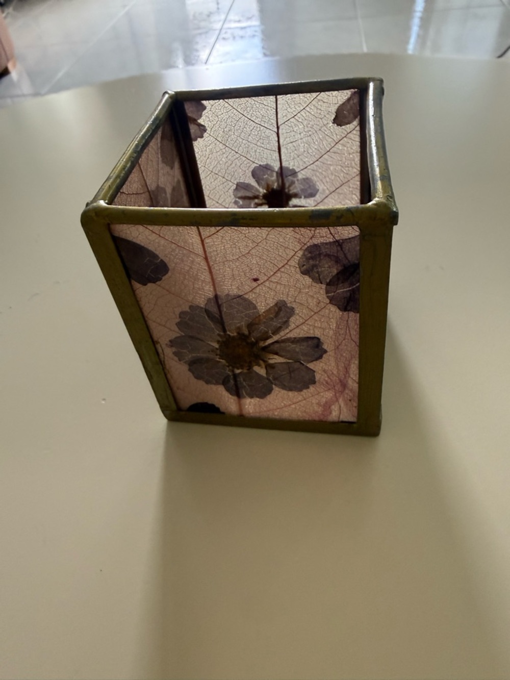 Pressed Flower Glass pencil or makeup Holder Purple & Gold